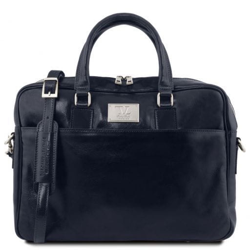Tuscany Leather Urbino - skórzana teczka na laptopa z przednią kieszenią , kolor ciemny niebieski TL141241
