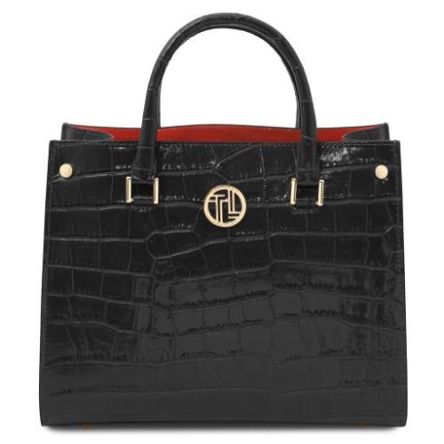 Tuscany Leather Croque - skórzana torebka ze wzorem, kolor czarny - TL142504