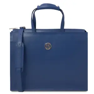 Tuscany Leather Palermo - Teczka ze skóry saffiano 3 przedziały dla kobiet, kolor ciemny niebieski - TL141369