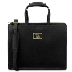 Tuscany Leather Palermo - Teczka ze skóry saffiano 3 przedziały dla kobiet , kolor czarny TL141369