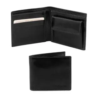 Tuscany Leather Ekskluzywny skórzany portfel męski z kieszenią na monety - 2-krotnie składany , kolor czarny TL140761