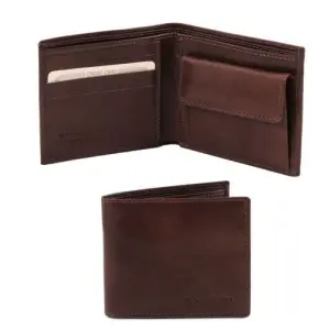 Tuscany Leather Ekskluzywny skórzany portfel męski z kieszenią na monety - 2-krotnie składany , kolor ciemny brąz TL140761