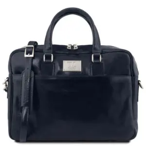 Tuscany Leather Urbino - skórzana teczka na laptopa z przednią kieszenią , kolor ciemny niebieski TL141241