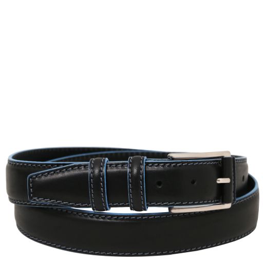 Tuscany Leather Pasek skórzany casualowy 35mm z jasnoniebieskimi krawędziami, rozmiar 95 cm, kolor czarny - TL142528