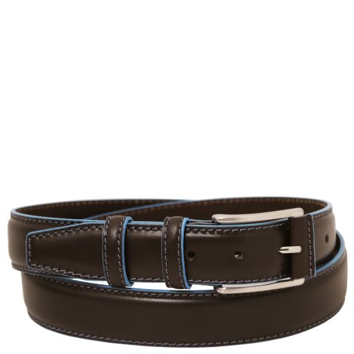 Tuscany Leather Pasek skórzany casualowy 35mm z jasnoniebieskimi krawędziami, rozmiar 105 cm, kolor ciemny brąz - TL142528