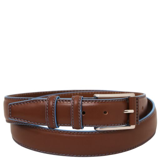 Tuscany Leather Pasek skórzany casualowy 35mm z jasnoniebieskimi krawędziami, rozmiar 95 cm, kolor brązowy - TL142528