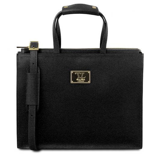 Tuscany Leather Palermo - Teczka ze skóry saffiano 3 przedziały dla kobiet , kolor czarny TL141369