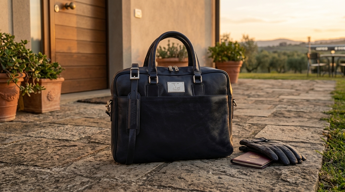 Tuscany Leather Urbino - skórzana teczka na laptopa z przednią kieszenią , kolor ciemny niebieski TL141241